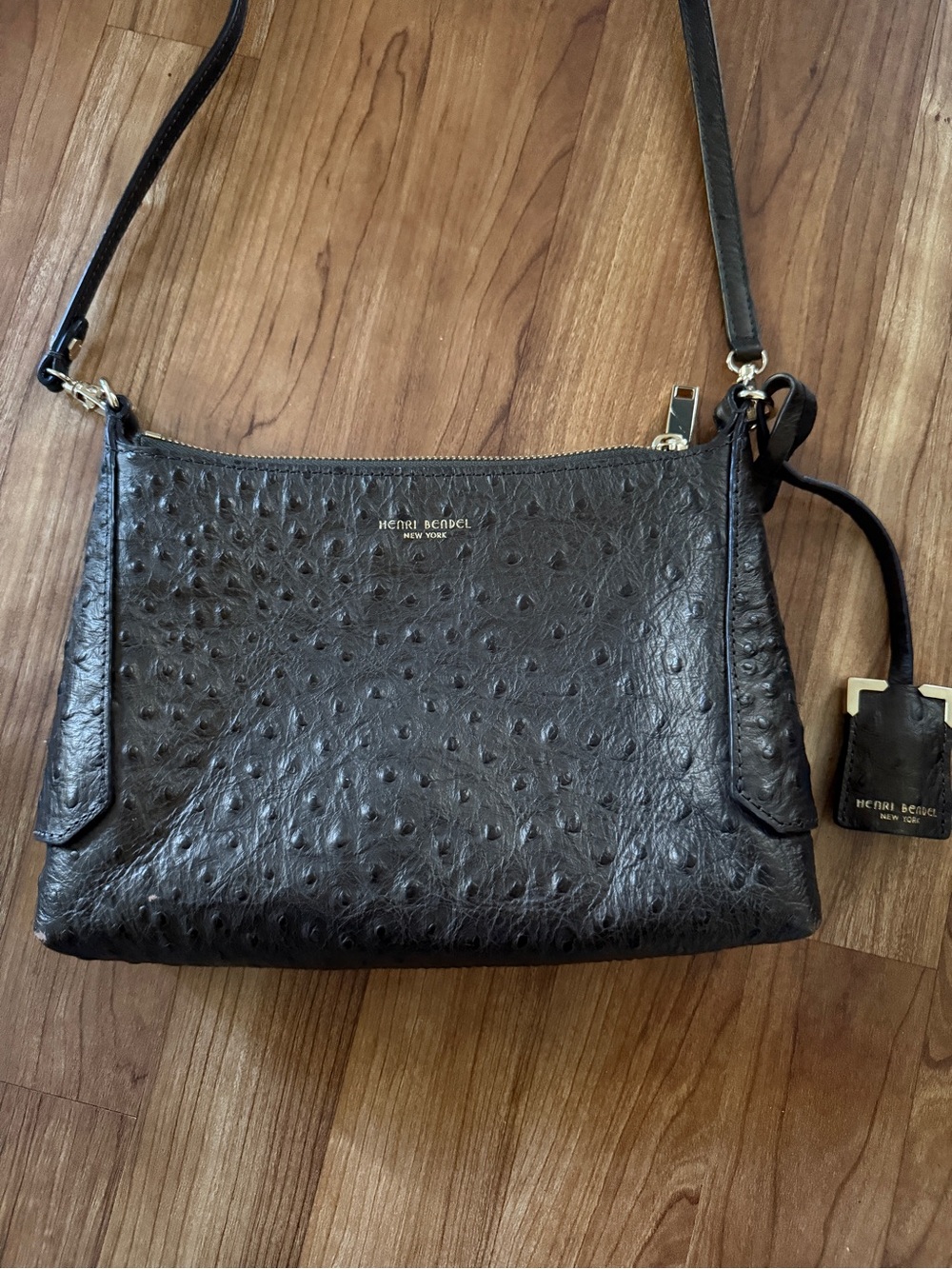 henri bendel Black Ostrich-Embossed Leather Crossbody Bag